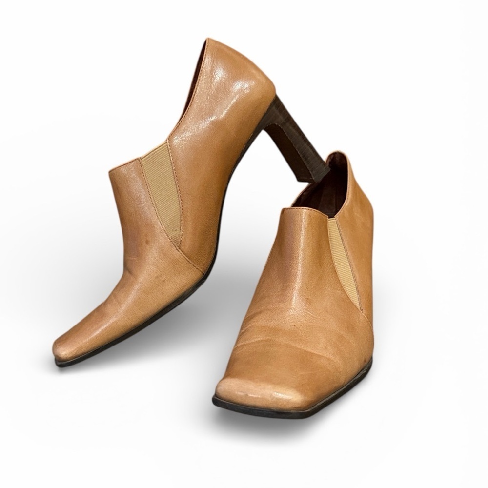 Vintage 90s y2k Nine West Square Toe Tan Ankle Heeled Boots 8.5 MCM leather 2000